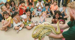 Kids are surprised seeing a python at Dubai's Bio Dome Indoor Tropical Rainforest.
