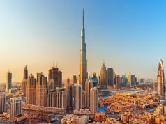 Sunset view of Dubai's downtown at United Arab Emirates.