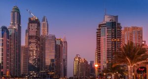 Dubai city view in night lights.