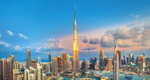 Amazing skyline with luxury sky scrapers in Dubai.