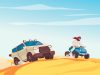 Man on quad bike and SUV driving over desert dunes.