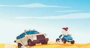 Man on quad bike and SUV driving over desert dunes.