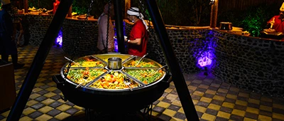 Premium desert safari dinner setup in Dubai
