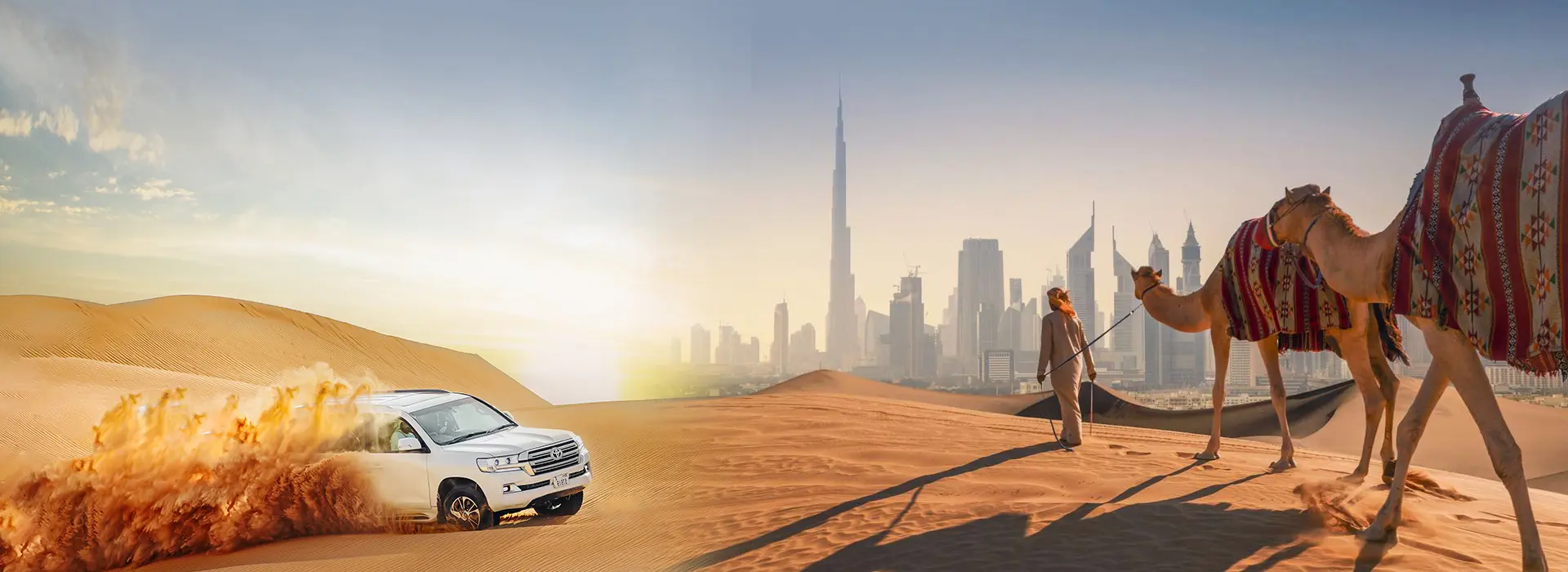 Dubai city tour and desert safari combo with dune bashing in a 4x4 SUV and camel ride overlooking Burj Khalifa skyline