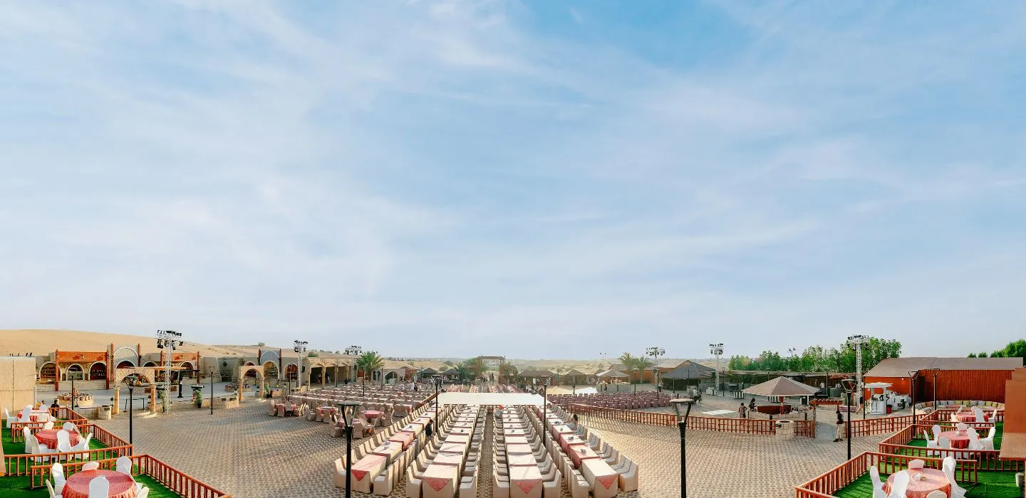 Desert safari in Dubai camp overview with traditional seating